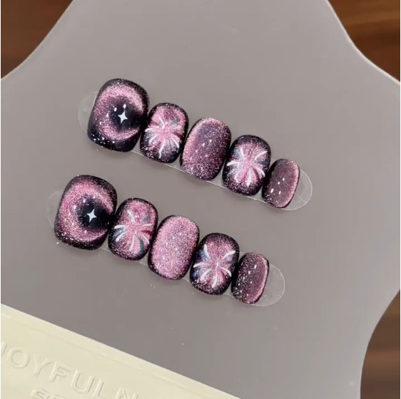 Nail Art Cat Eye Simple - 10 pçs roxo curto cabeça redonda